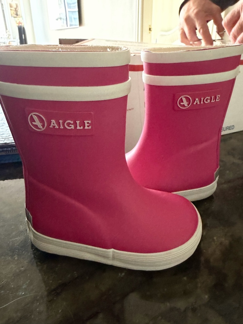 Aigle Kids /girl /baby Bright Pink Waterproof Rain Boots with White Trim